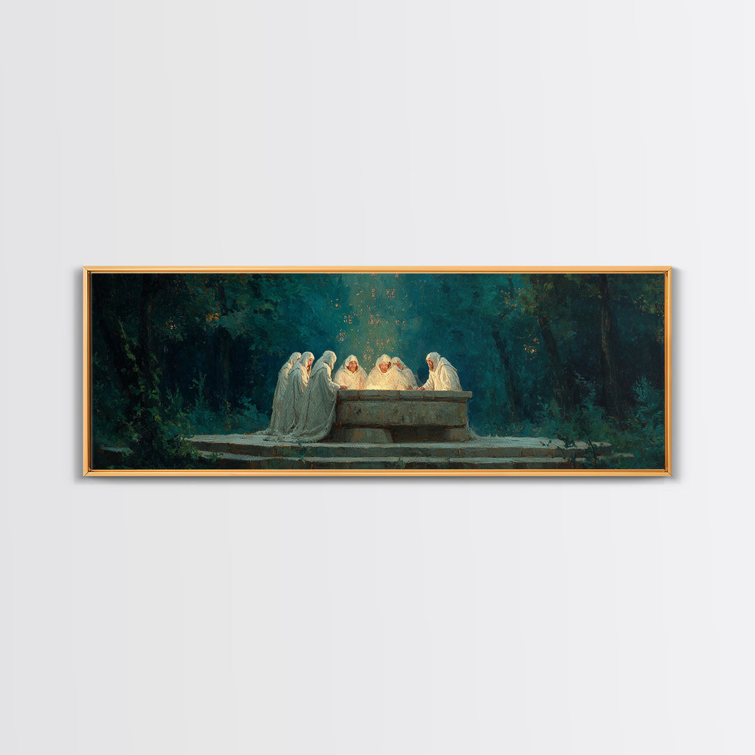 Spiritual Gathering Of Monks Around Glowing Stone Altar Framed Canvas Print