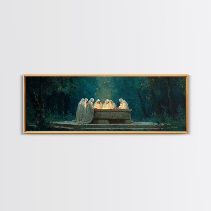 Spiritual Gathering Of Monks Around Glowing Stone Altar Framed Canvas Print