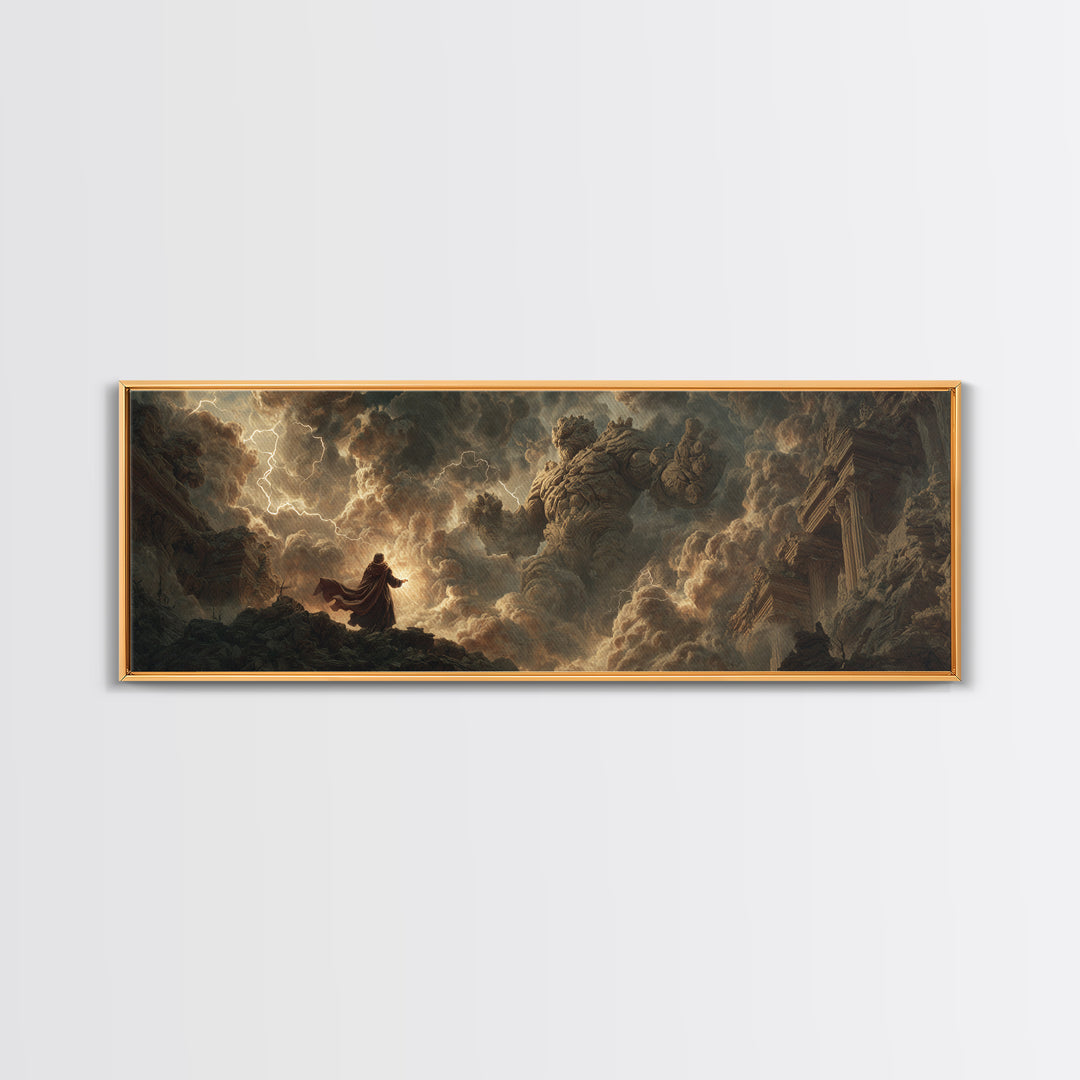 Dramatic Stormy Scene With Giant Stone Creature And Wizard Fantasy Painting Canvas Print Statement Wall Art For Fantasy Fans