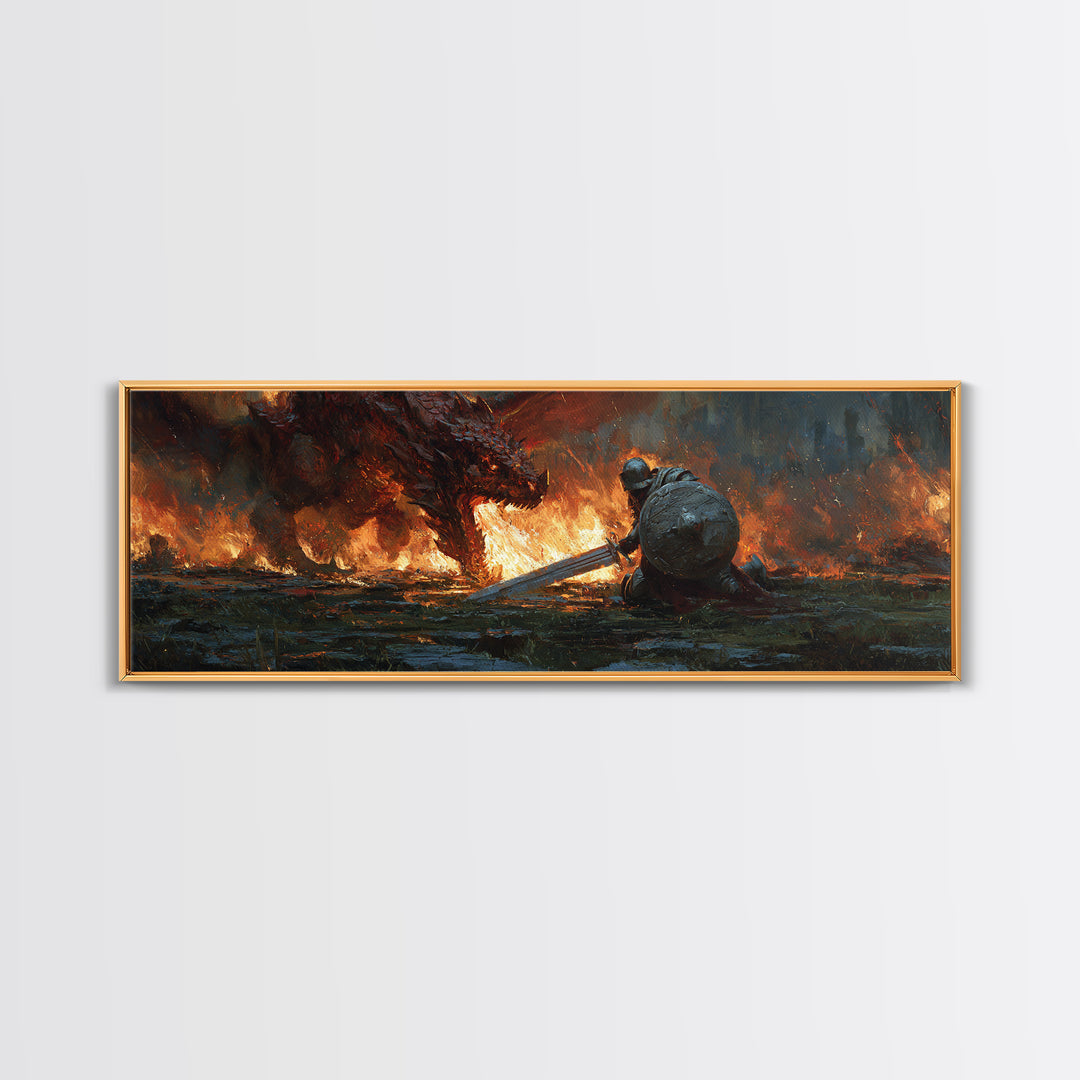 Heroic Knight Facing Fiery Dragon Fantasy Battle Scene Canvas Print Modern Wall Art For Living Room Or Game Room Decor
