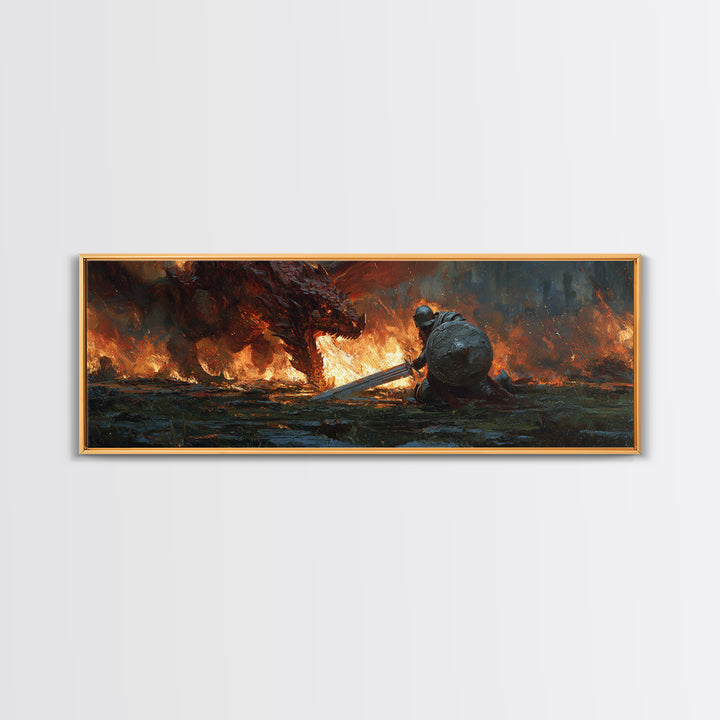 Heroic Knight Facing Fiery Dragon Fantasy Battle Scene Canvas Print Modern Wall Art For Living Room Or Game Room Decor