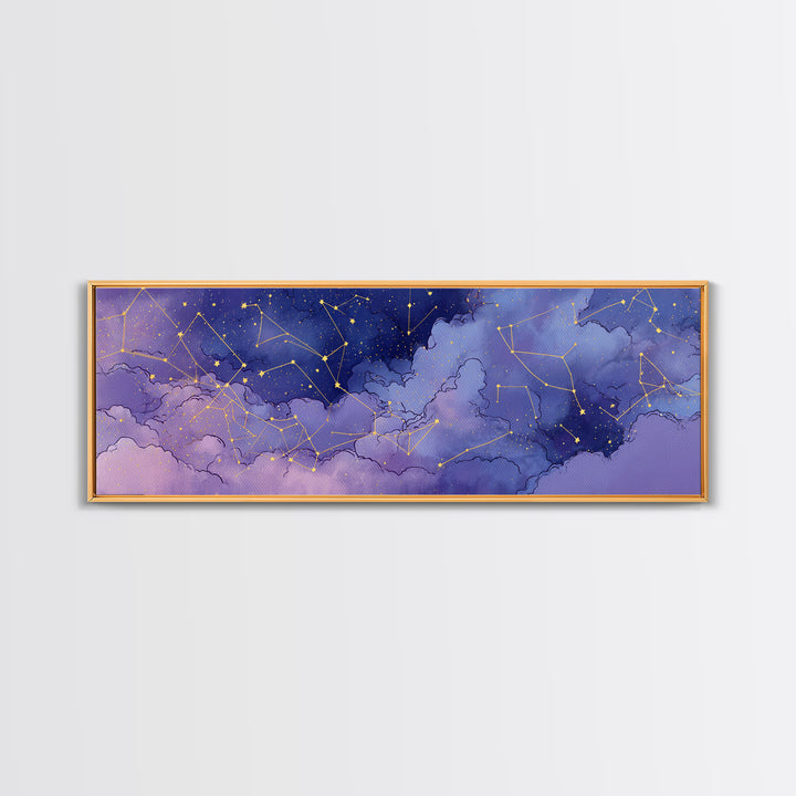 Purple Night Sky With Gold Constellations Wall Art, Celestial Wall Decor, Astronomy Art Print, Large Horizontal Canvas Print