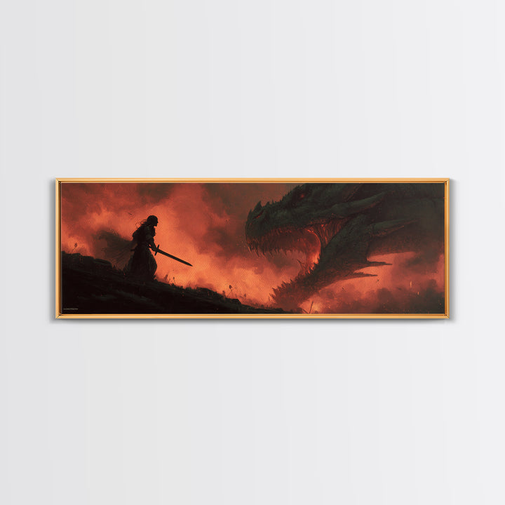 Epic Battle Between Warrior And Dragon Fantasy Painting Wall Art Print Framed Canvas Print For Living Room Home Decor