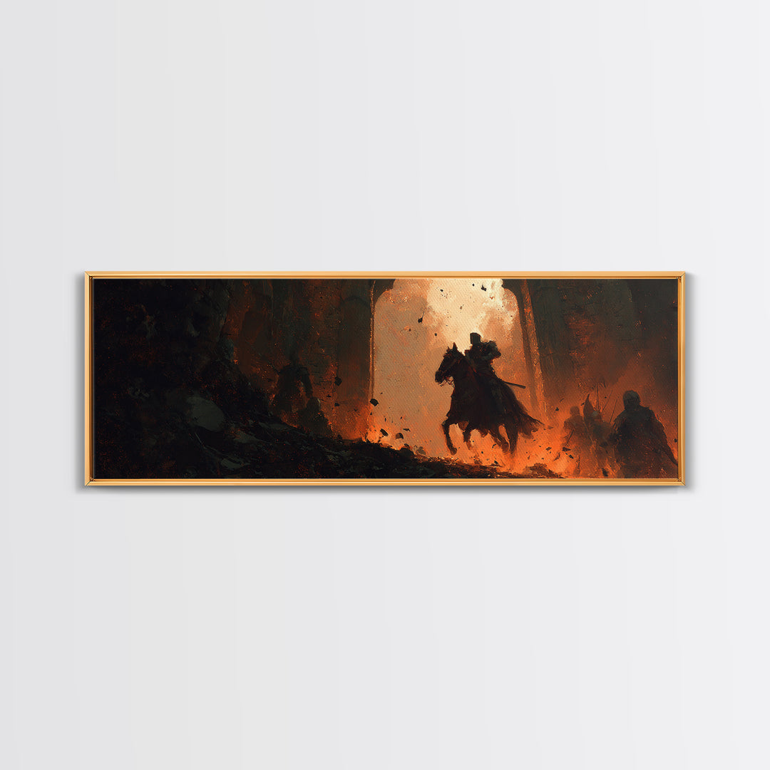 Dramatic Medieval Knight With Sword Riding Horse Through Fiery Castle Gate Abstract Wall Art