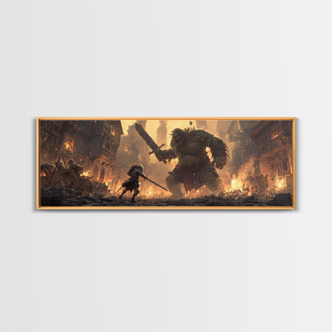 Fantasy Art Scene Of Knight Fighting Giant Ogre In Burning Medieval Town Wall Art Framed Canvas Print
