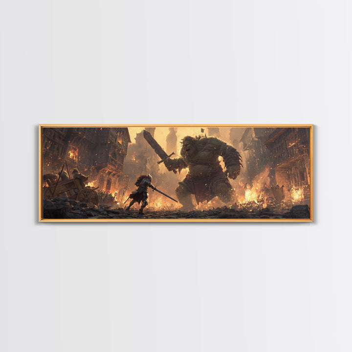 Fantasy Art Scene Of Knight Fighting Giant Ogre In Burning Medieval Town Wall Art Framed Canvas Print