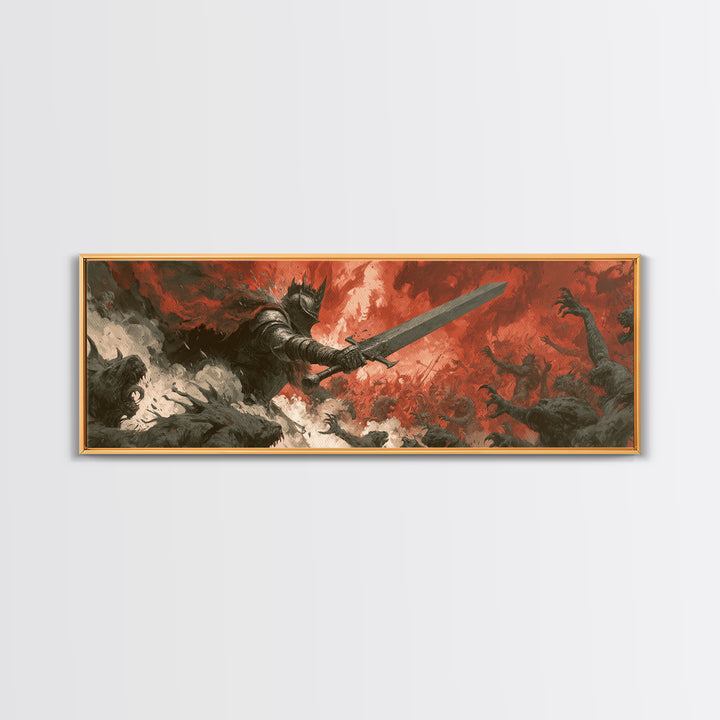 Epic Armored Knight Battling Dark Creatures In Fiery Fury Fantasy Canvas Print For Dramatic Wall Art Decor