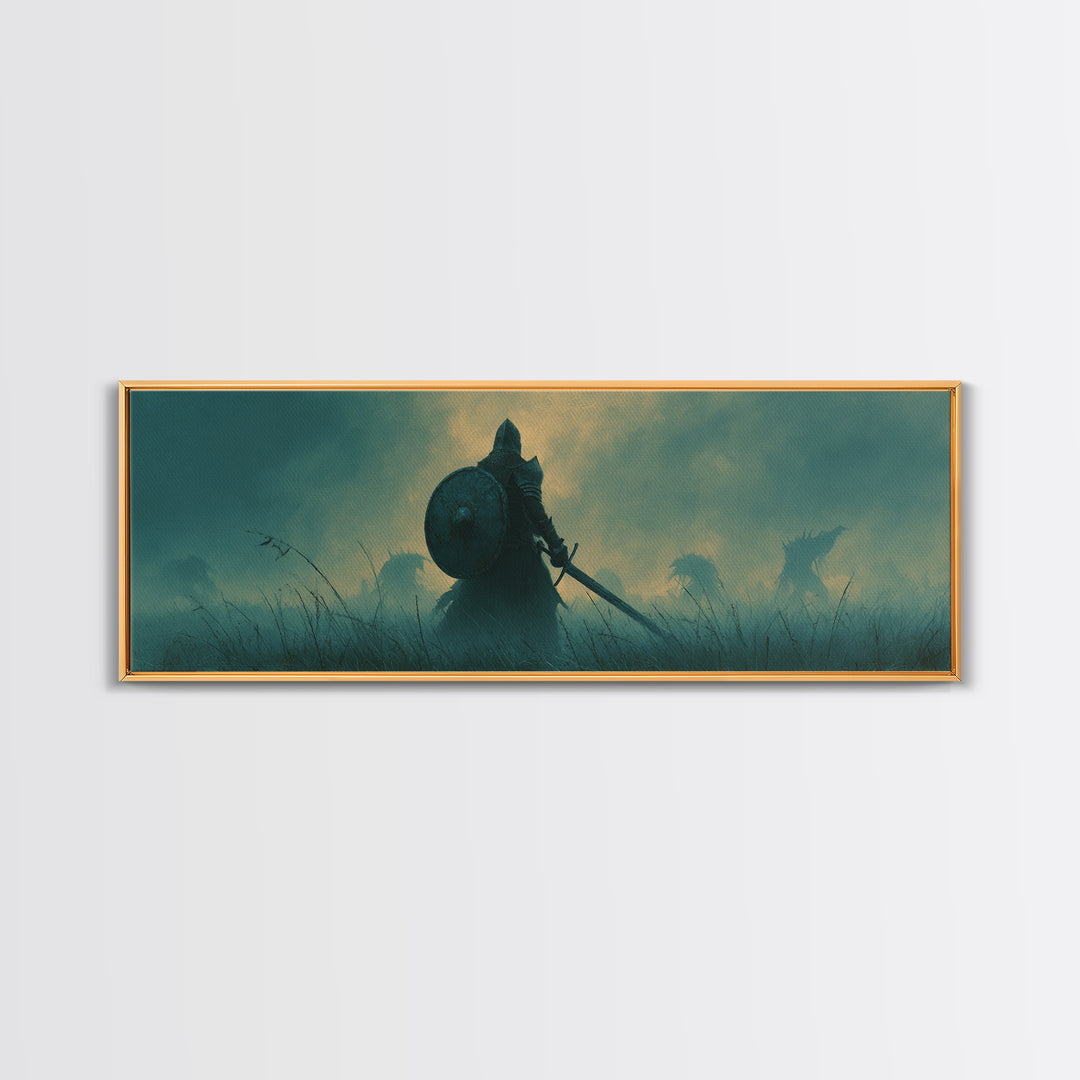 Brave Knight Standing Before Shadowy Dragon Figures Surrounded By Fog Canvas Print Large Wall Art For Dark Fantasy Decor