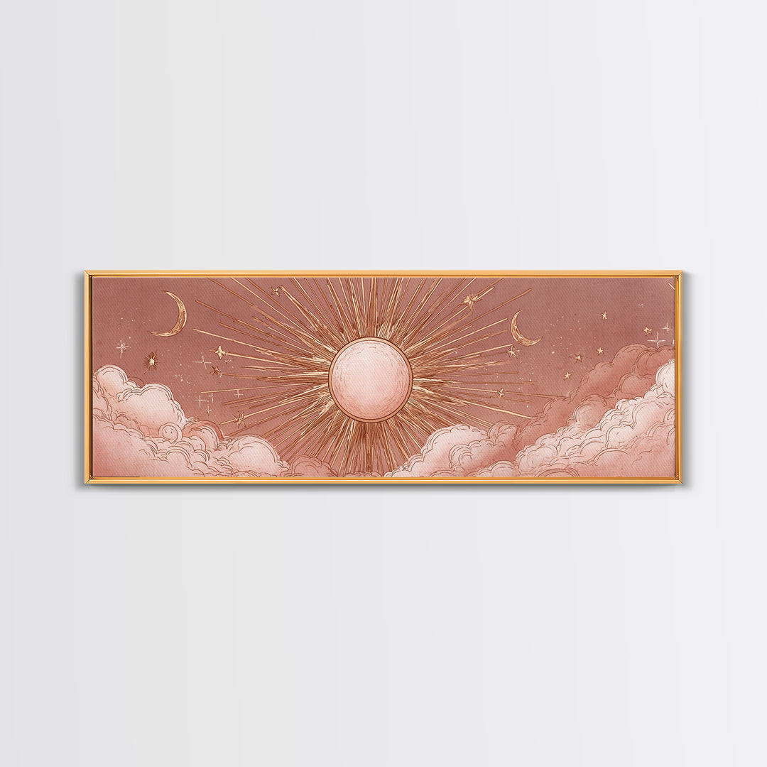 Rose Gold Sun And Twin Moons Wall Art, Celestial Wall Decor, Boho Bedroom Decor, Mystical Large Horizontal Framed Canvas Print