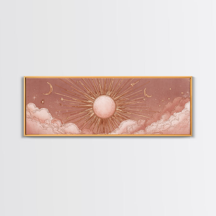 Rose Gold Sun And Twin Moons Wall Art, Celestial Wall Decor, Boho Bedroom Decor, Mystical Large Horizontal Framed Canvas Print