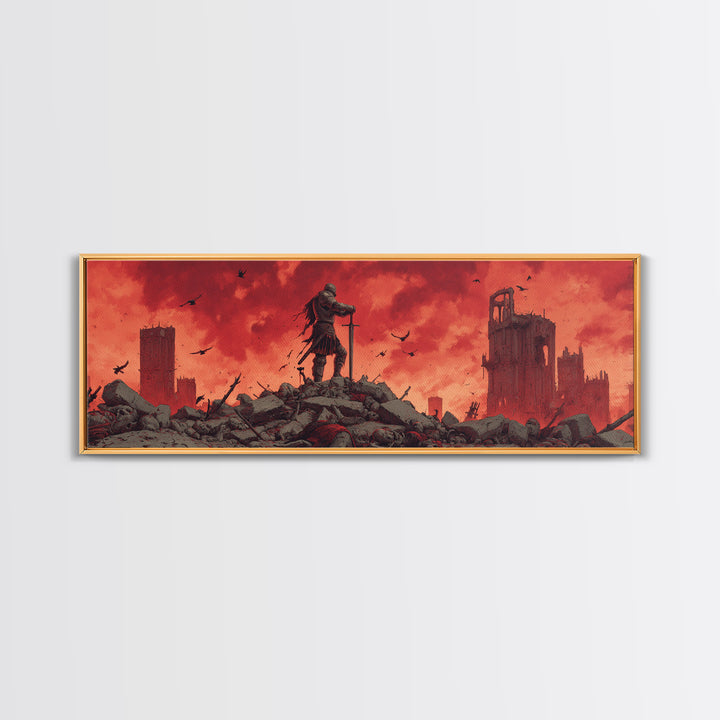 Epic Knight On Battlefield Amid Ruins With Dramatic Red Sky Wall Art Framed Canvas Print For Medieval Decor