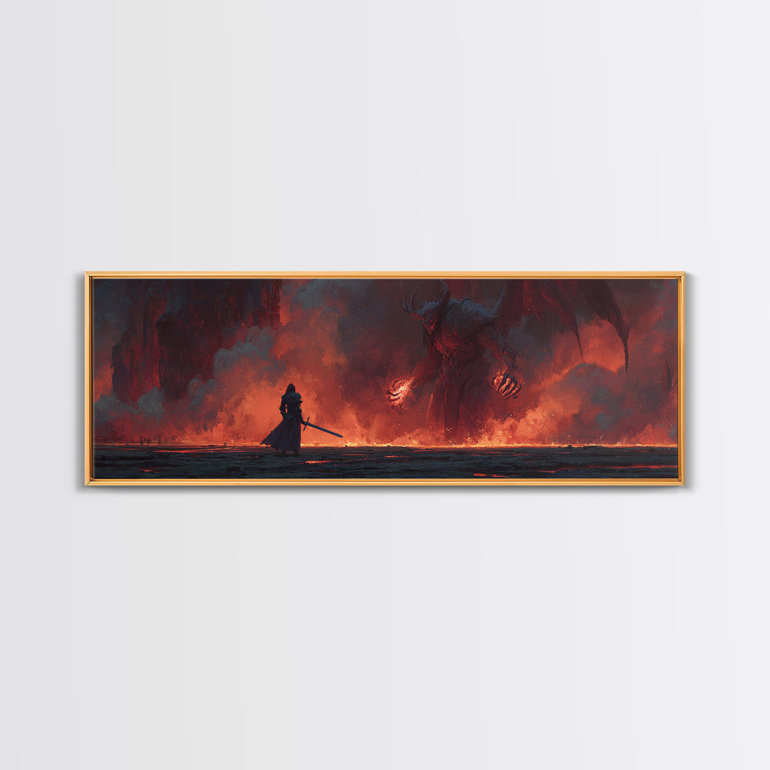 Heroic Fantasy Knight Facing Fiery Demon In Epic Battle Scene Wall Art Framed Canvas Print For Game Room, Bedroom, Or Fantasy Art Collectors Gift
