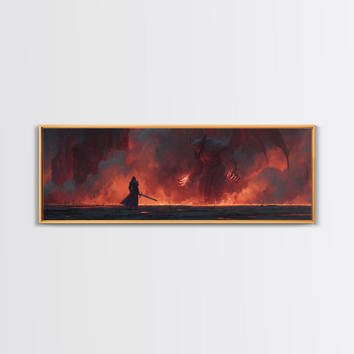 Heroic Fantasy Knight Facing Fiery Demon In Epic Battle Scene Wall Art Framed Canvas Print For Game Room, Bedroom, Or Fantasy Art Collectors Gift