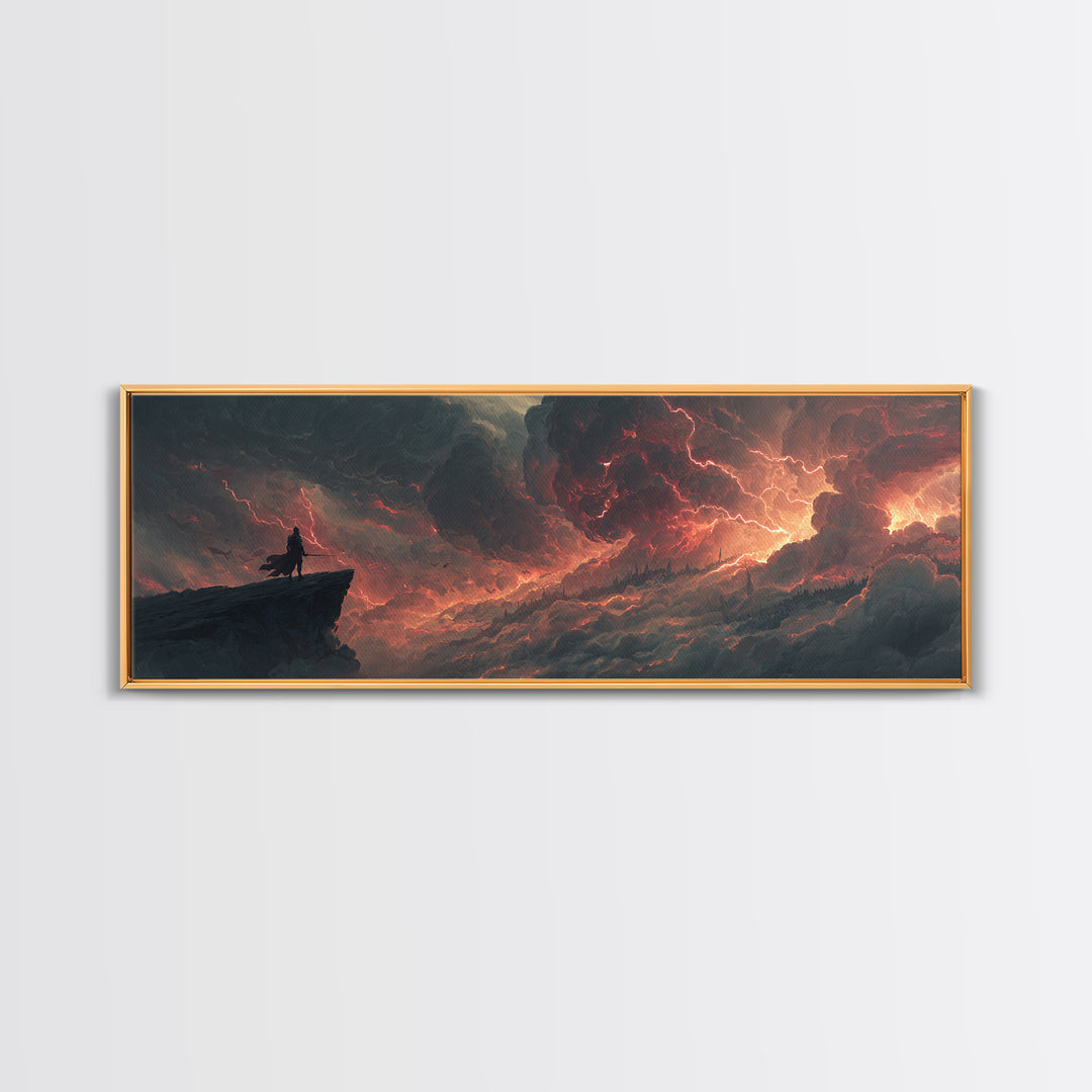 Epic Fantasy Warrior Standing On Cliff Amid Intense Fiery Sky - Dramatic Fantasy Wall Art Canvas Print For Bold Home Decor