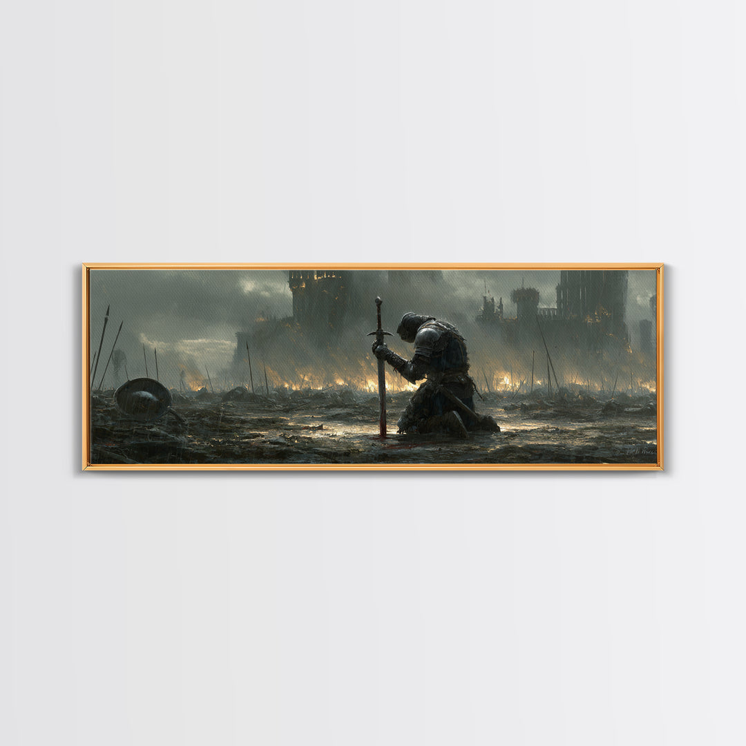 Medieval Knight Kneeling On Battlefield In Rain With Flaming Castle Background Dramatic Wall Art Canvas Print