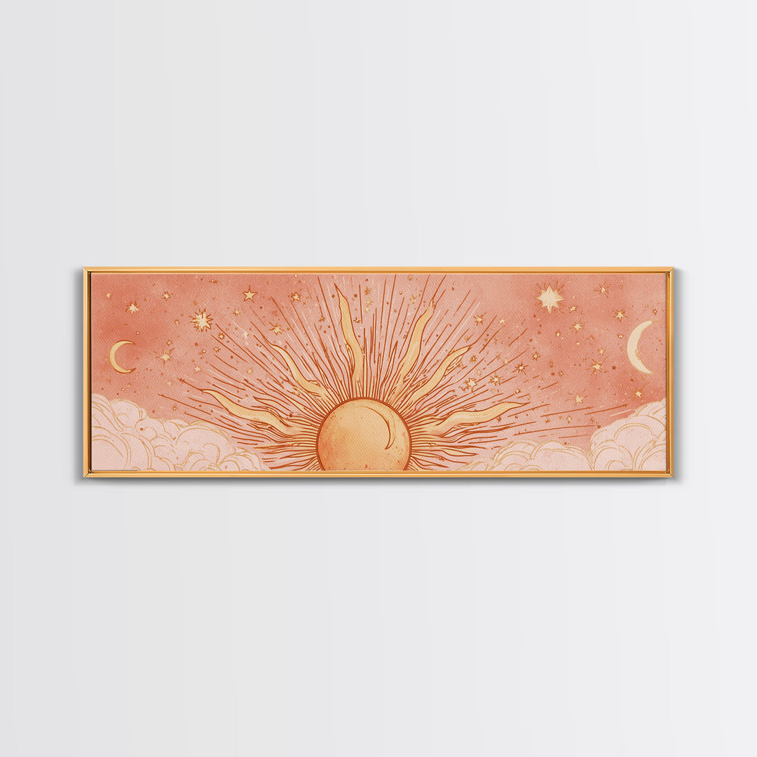 Radiant Orange Sun With Crescent Moons Wall Art, Celestial Wall Decor, Boho Sun And Moon Art, Large Horizontal Canvas Print