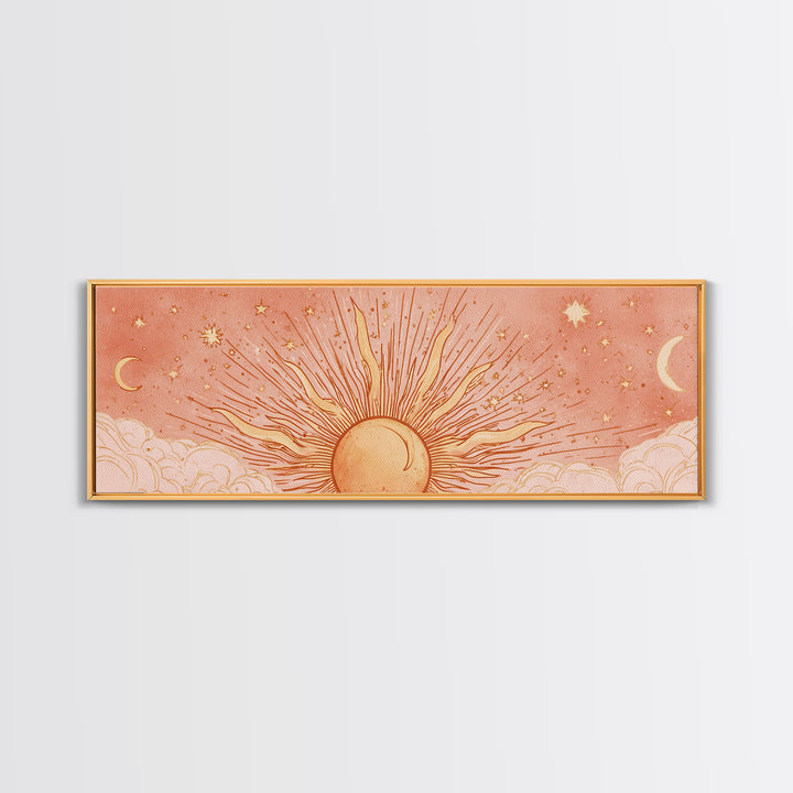 Radiant Orange Sun With Crescent Moons Wall Art, Celestial Wall Decor, Boho Sun And Moon Art, Large Horizontal Canvas Print