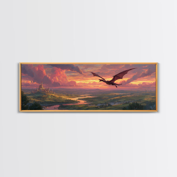 Epic Fantasy Landscape Painting Of A Castle On Hill With A Flying Dragon Under Dramatic Sunset Skies Wall Art