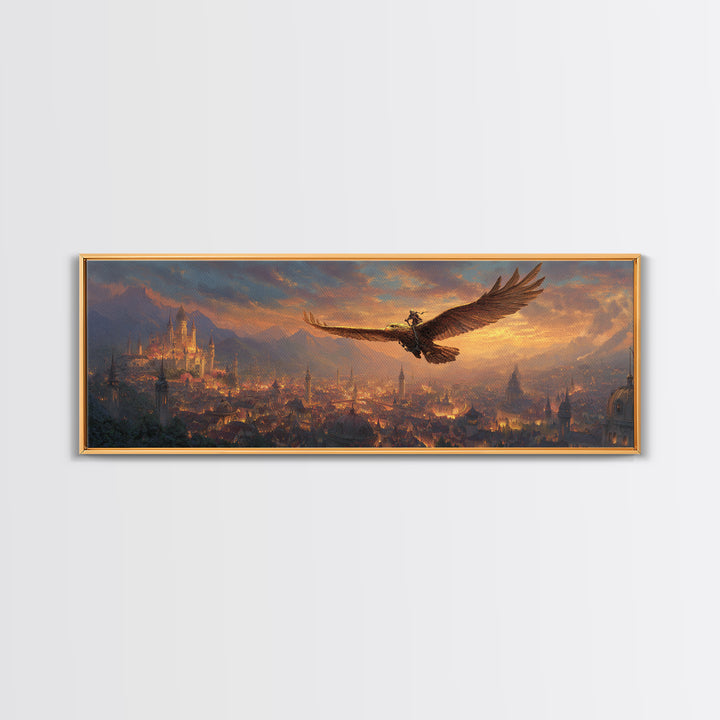 Majestic Castle Landscape With Giant Eagle And Rider At Sunrise Canvas Print Modern Wall Art For Living Room Decor