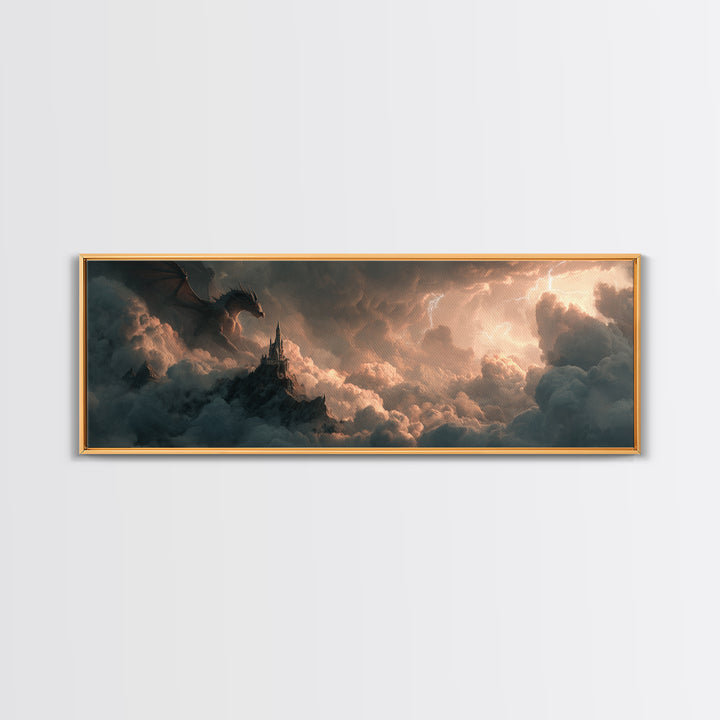 Dark Dragon Castle In Storm Clouds Canvas Print, Epic Fantasy Wall Art, Gothic Decor, Surreal Art, Gift For Gamer, Gaming Room Decor