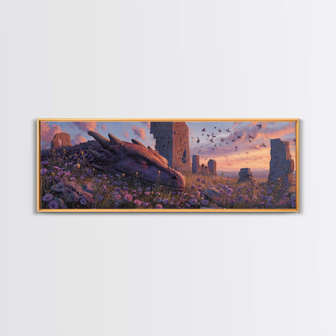 Sleeping Dragon Among Purple Wildflowers With Ancient Ruins Wall Art Print Magical Fantasy Canvas Print