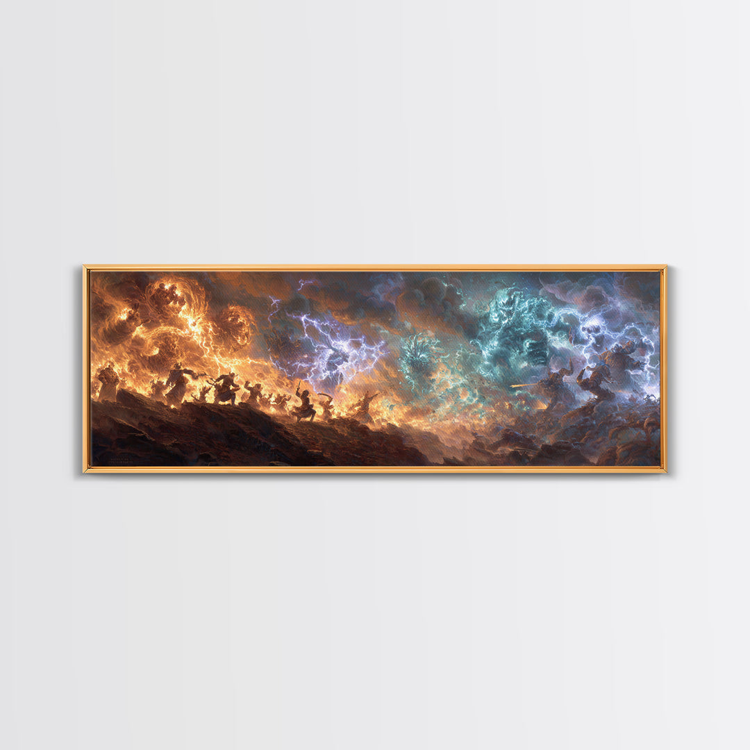 Dynamic Battle Scene Lightning Storm Fantasy Epic War Painting Wall Art Canvas Print For Mythical Home Decor And Unique Art Lovers