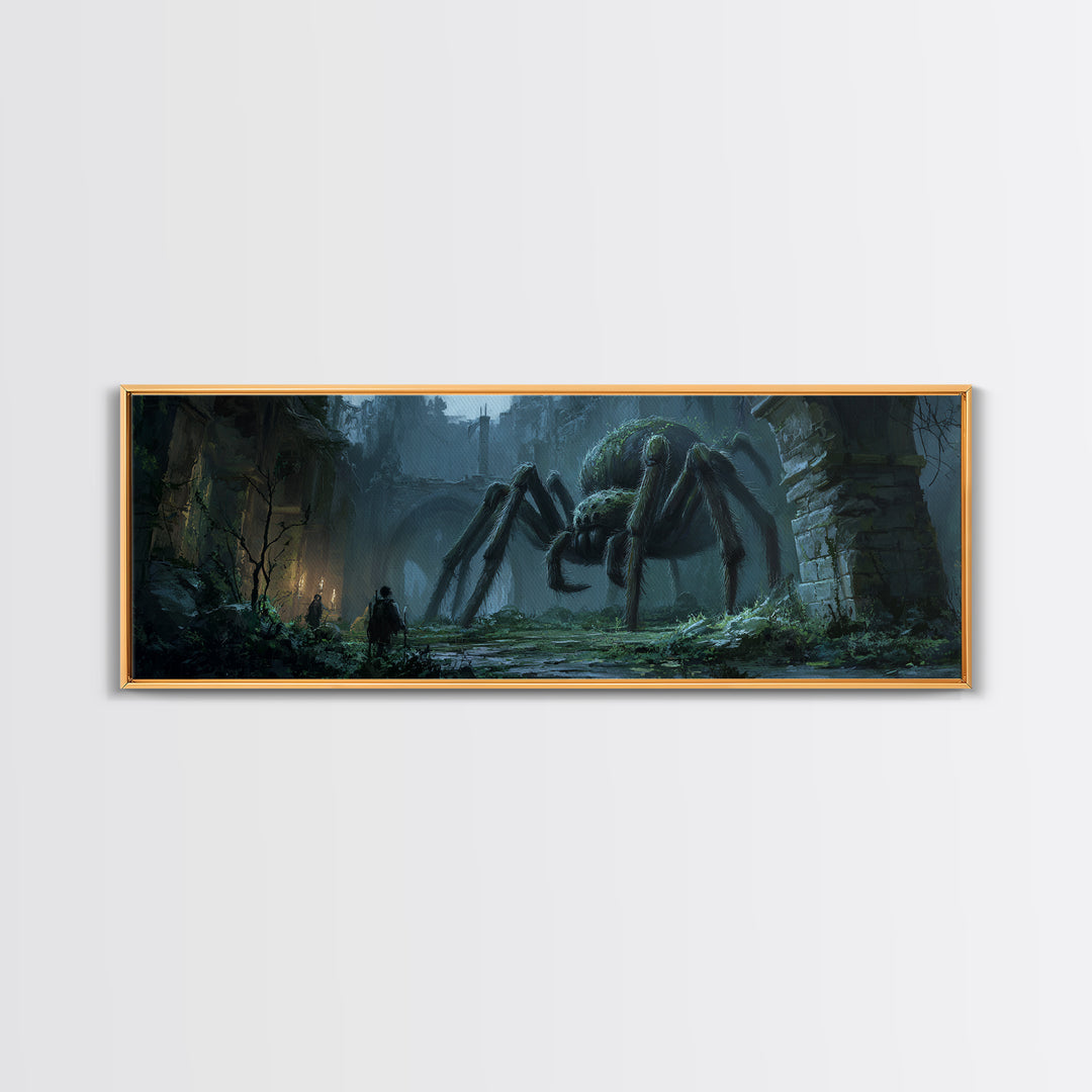 Giant Spider In Ancient Ruins With Adventurers, Dark Fantasy Illustration Wall Art Print, Framed Canvas Print For Gothic And Fantasy Decor