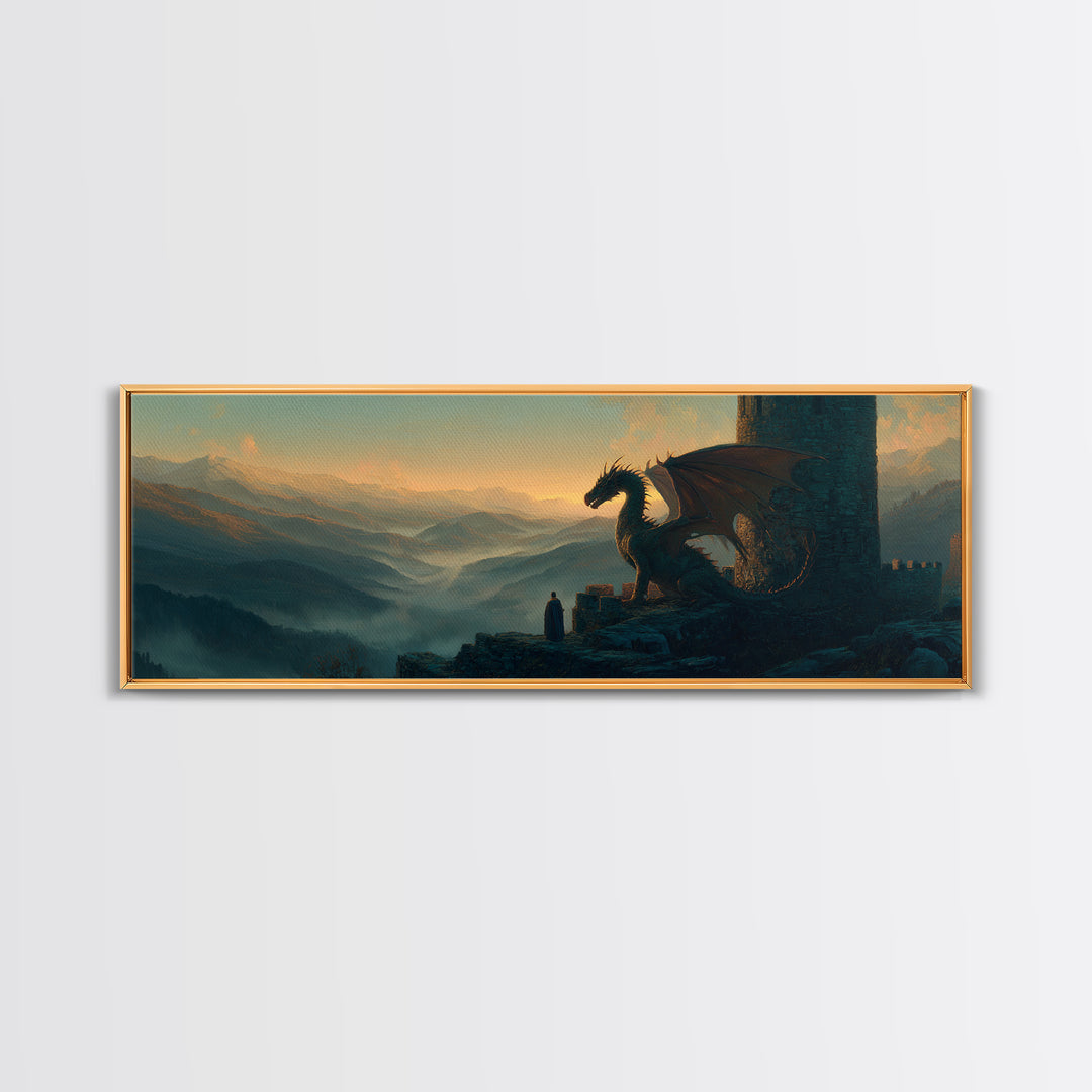 Mystical Scene Of Hooded Figure Facing Dragon On Rocky Ledge Above Foggy Valleys Fantasy Wall Art Canvas Print