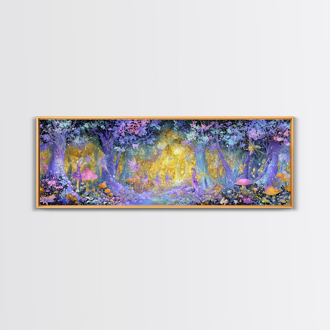 Enchanting Forest Fairy Dance With Magical Mushrooms And Glowing Lights Whimsical Wall Art Framed Canvas Print