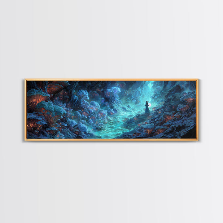 Surreal Fantasy Glowing Cave With Blue Mushroom Forest Wall Art Canvas Print For Mystical Decor And Unique Gift Ideas