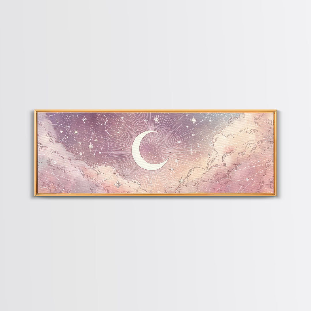White Crescent Moon Over Pink Clouds Wall Art, Whimsical Celestial Nursery Decor, Dreamy Bedroom Decor, Framed Canvas Print