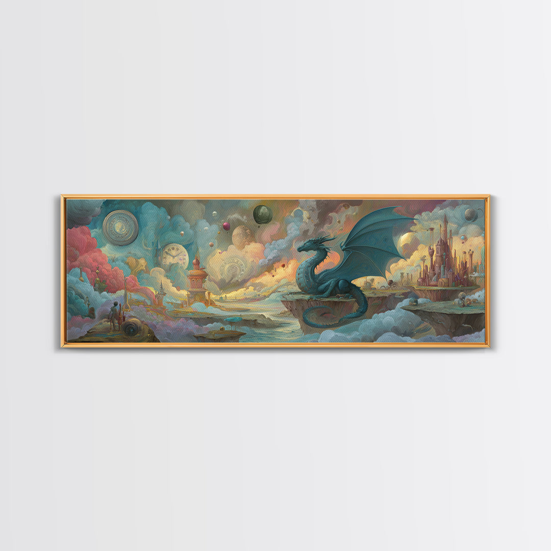 Majestic Blue Dragon Sitting On Floating Islands In Surreal Fantasy Landscape Wall Art Poster Print