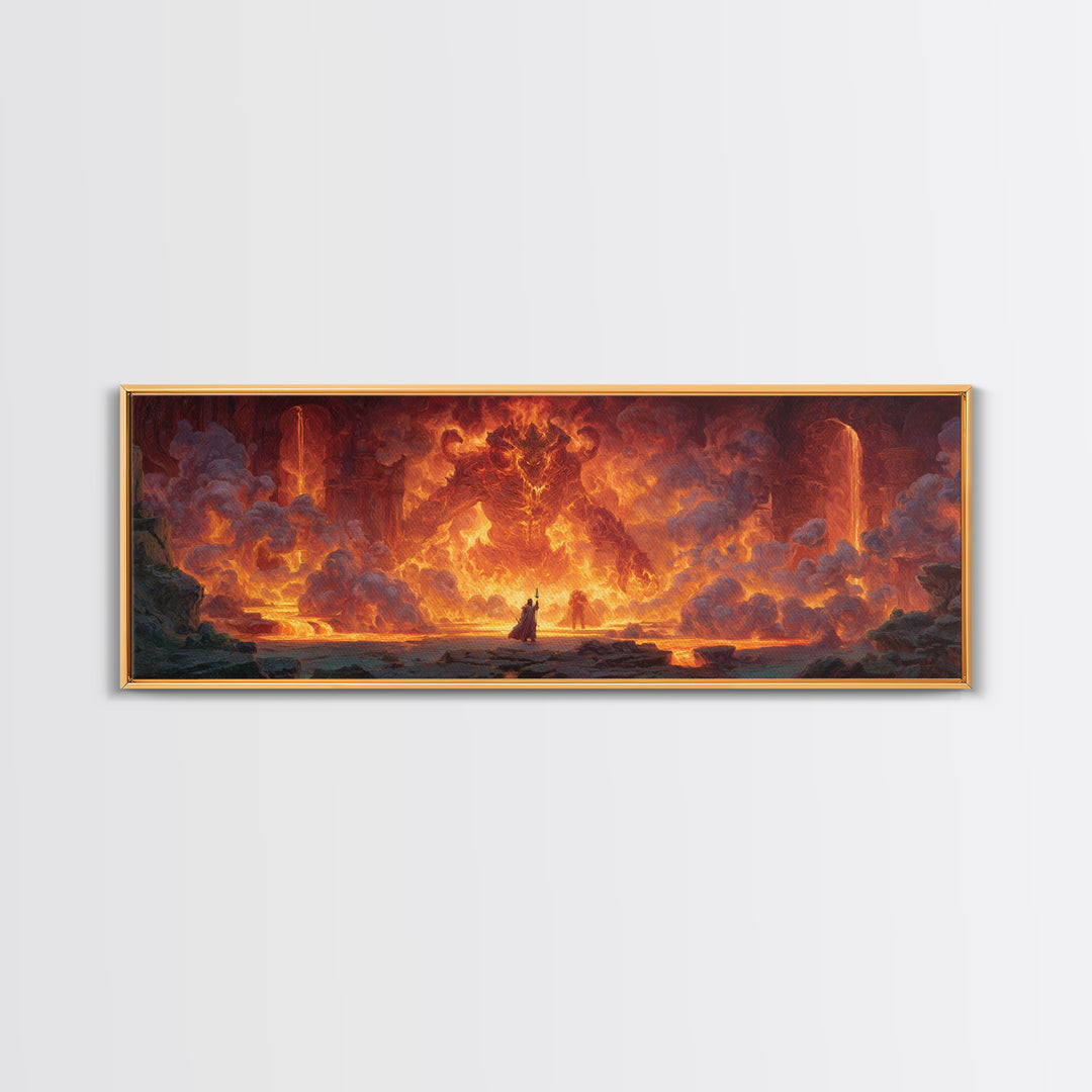 Fire Elemental Giant Facing Brave Warrior In Fiery Landscape Canvas Print Bold Large Wall Art For Dramatic Home Decor