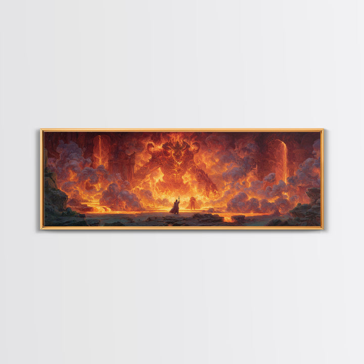 Fire Elemental Giant Facing Brave Warrior In Fiery Landscape Canvas Print Bold Large Wall Art For Dramatic Home Decor