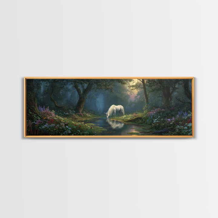 Magical Forest Unicorn Drinking From Stream With Enchanting Light Wall Art Framed Canvas Print For Fantasy Decor Kids Room