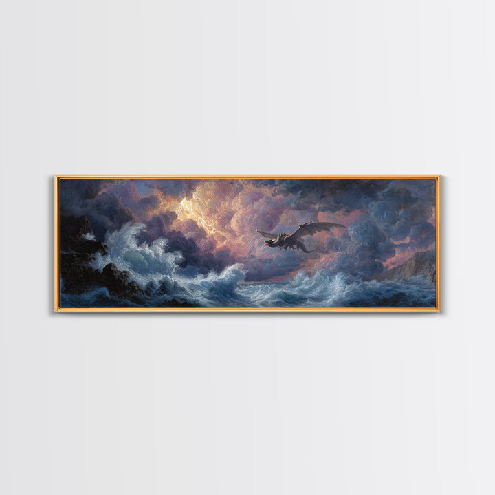 Stormy Seascape With Dragon Emerging From Ocean Waves Fantasy Wall Art Framed Canvas Print For Living Room Decor