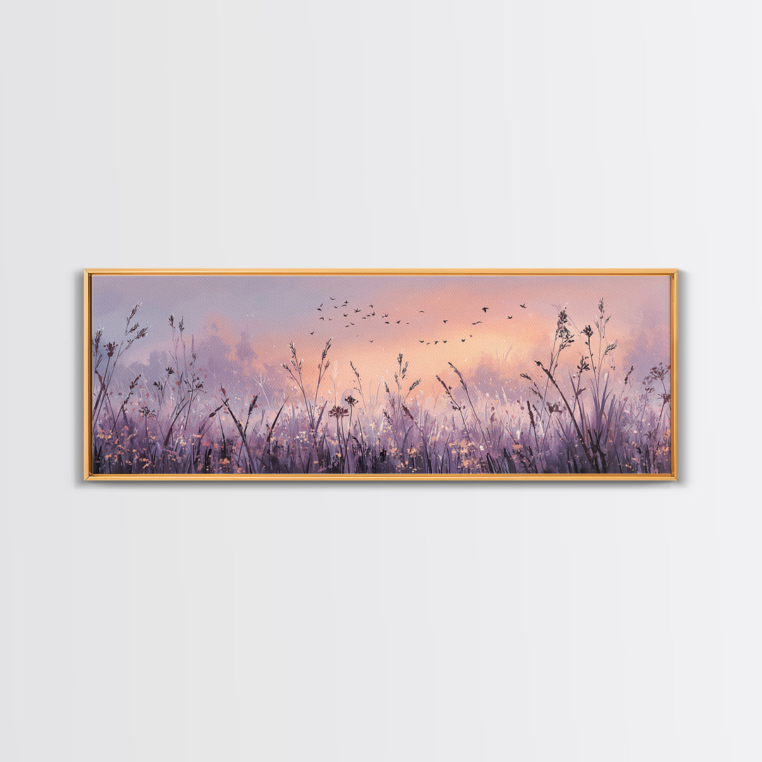 Lavender Wildflower Meadow At Sunset Wall Art, Pastel Nature Wall Decor, Calming Bedroom Decor, Large Horizontal Canvas Print