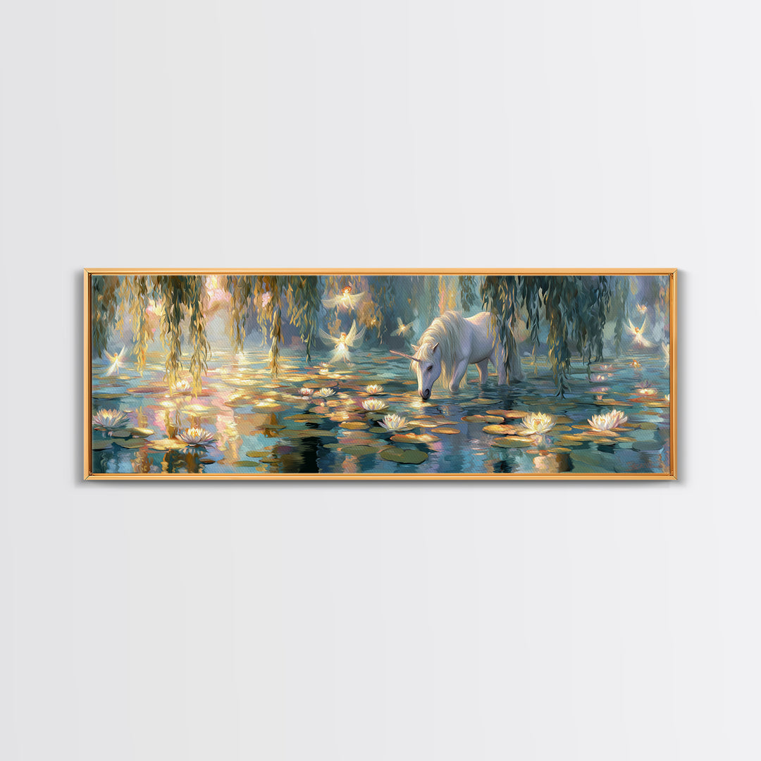 Fairy Tale Unicorn In Ethereal Lily Pond With Glowing Fairies - Whimsical Wall Art Framed Canvas Print For Nursery And Bedroom Decor