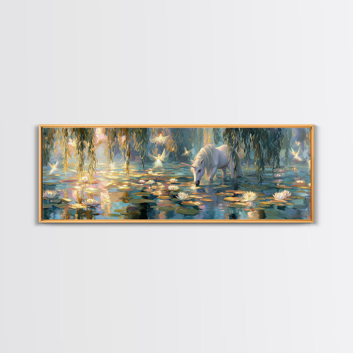 Fairy Tale Unicorn In Ethereal Lily Pond With Glowing Fairies - Whimsical Wall Art Framed Canvas Print For Nursery And Bedroom Decor