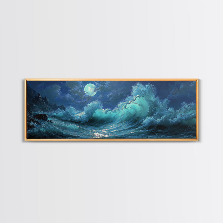 Wave Crash Under Moonlight Oil Painting Wall Art Moody Seascape Canvas Print For Coastal Living Room Decor