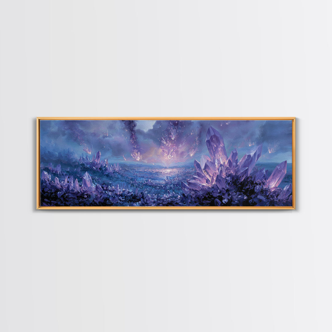 Mystical Purple Crystal Landscape With Falling Crystals Wall Art Framed Canvas Print For Unique Home Decor