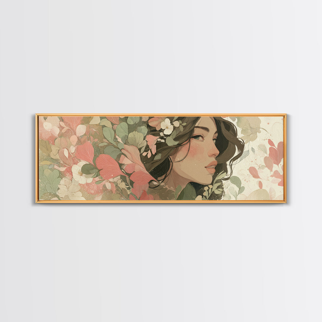 Floral Woman Portrait With Green Leaves Wall Art, Modern Feminine Botanical Decor, Boho Bedroom Decor, Framed Canvas Print