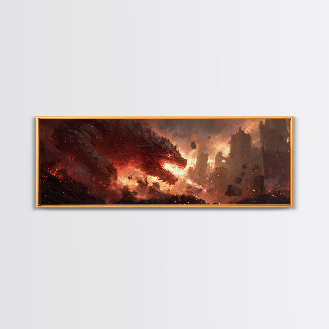 Epic Fiery Dragon Breathing Flames Amidst A Burning City Fantasy Wall Art Canvas Print For Modern Home Decor And Gaming Rooms