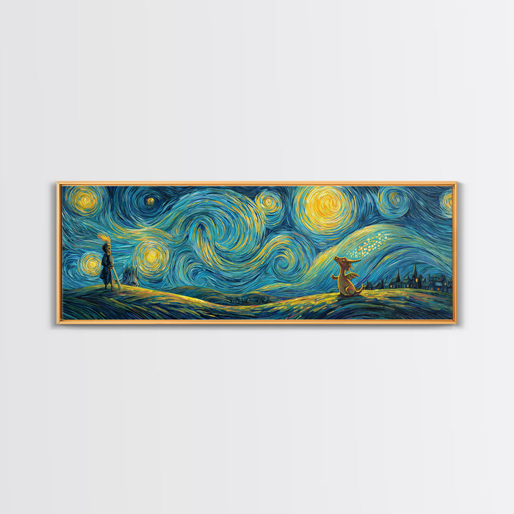 Whimsical Starry Night Inspired Canvas Print With Playful Dragon And Knight In Vibrant Blues And Yellows Unique Wall Art For Kids Room And Fantasy Decor
