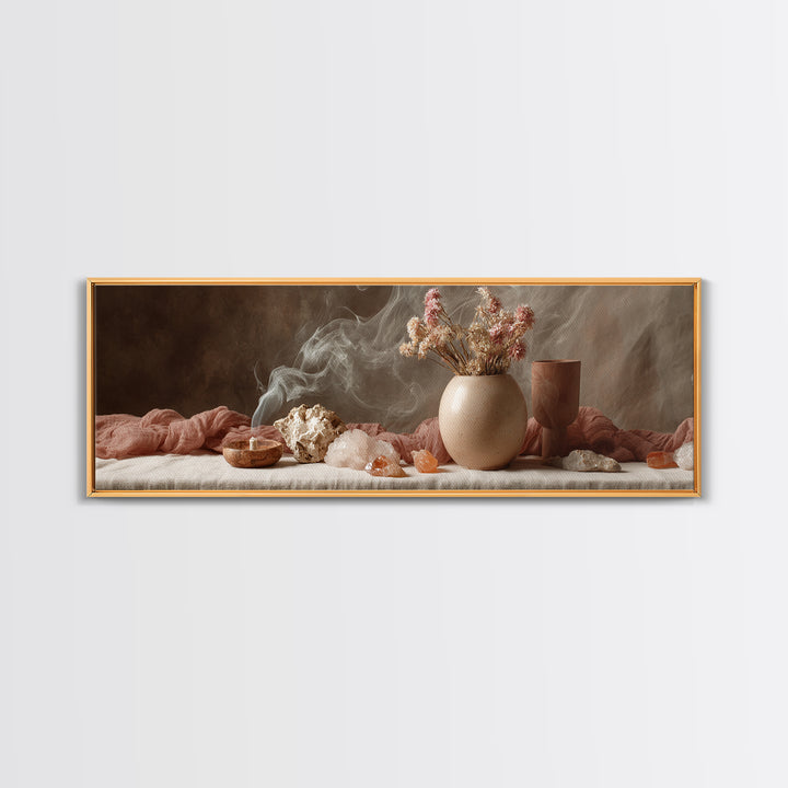 Smoky Crystals And Dried Flowers Framed Canvas Print, Zen Spa Wall Art, Neutral Boho Decor, Meditation Room Gift For Her