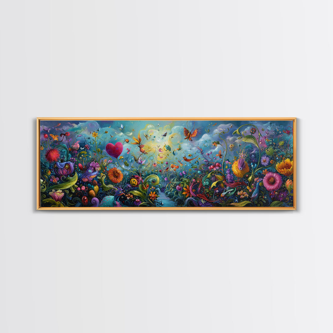 Ethereal Mystical Landscape With Cloud Giant Looming Over Young Boy Wall Art Framed Canvas Print For Inspirational Decor