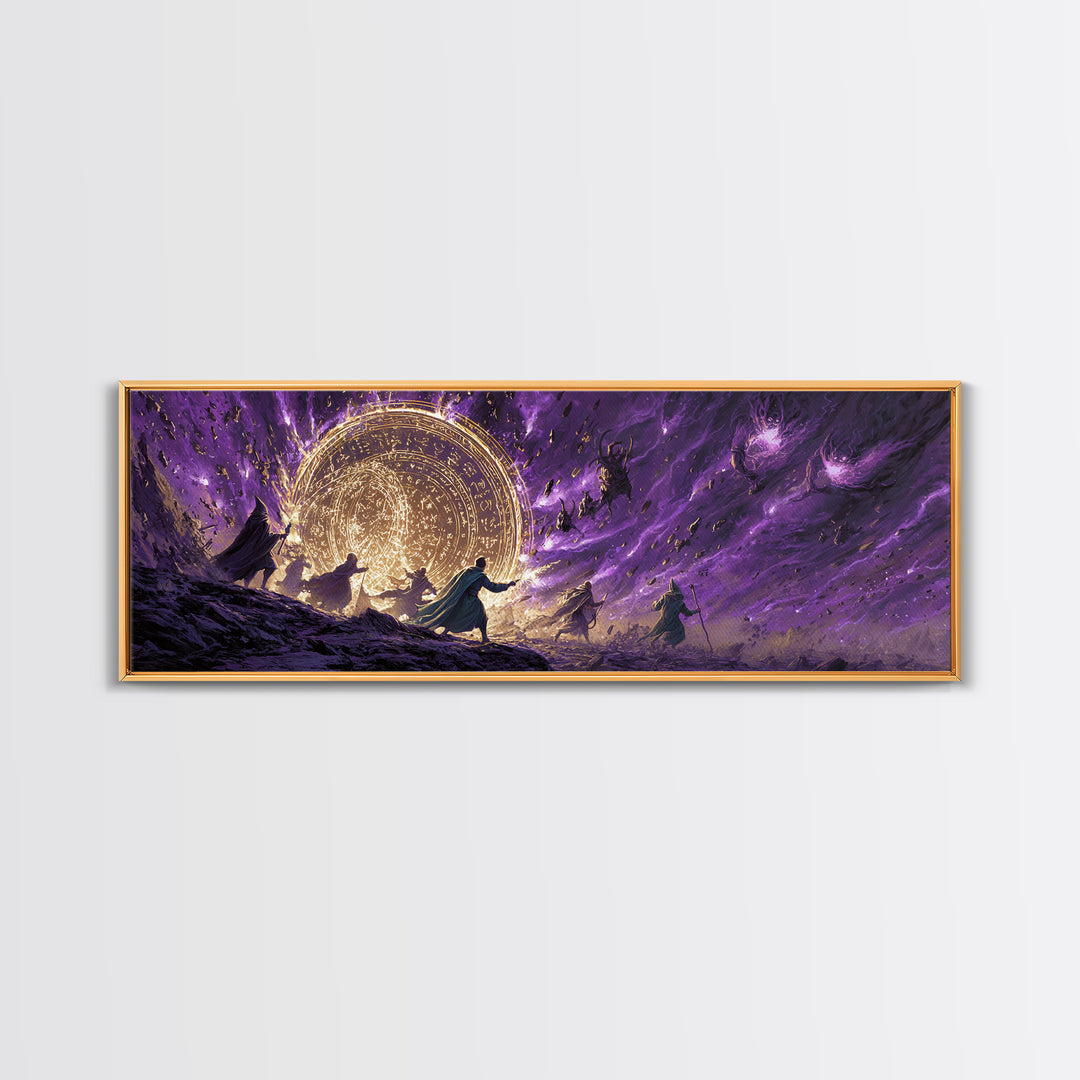 Epic Fantasy Battle Scene With Mages Creating Magical Barrier Against Creatures Wall Art Canvas Print