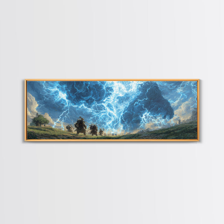 Epic Fantasy Battle Art Depicting Warriors Facing Giant Made Of Stormy Clouds Canvas Print