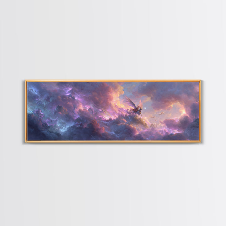 Epic Fantasy Sky Battle With Winged Warrior Dragons And Light Magic Canvas Print Large Wall Art For Fantasy Decor