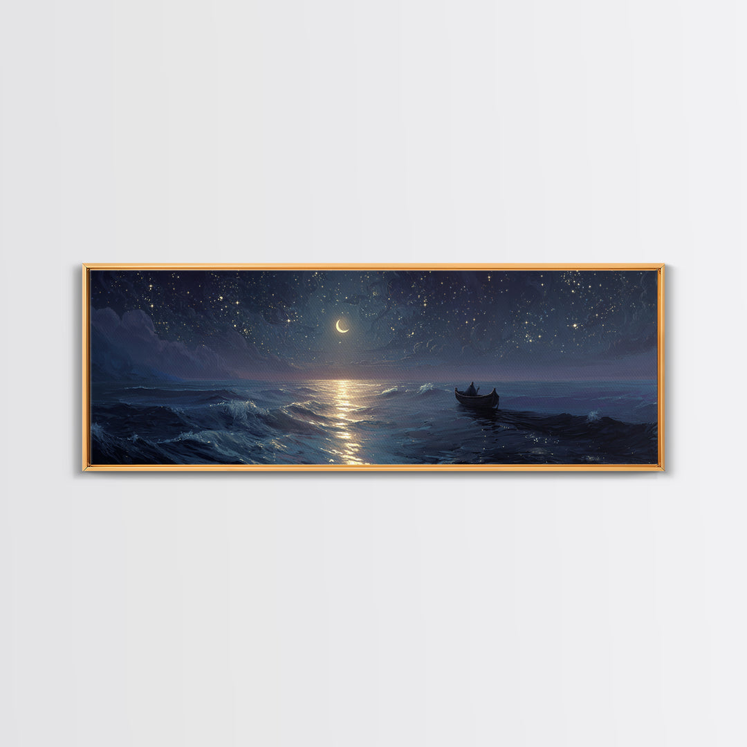 Serene Night Ocean Scene With Boat And Crescent Moon Under Starry Sky Wall Art Modern Coastal Decor Canvas Print